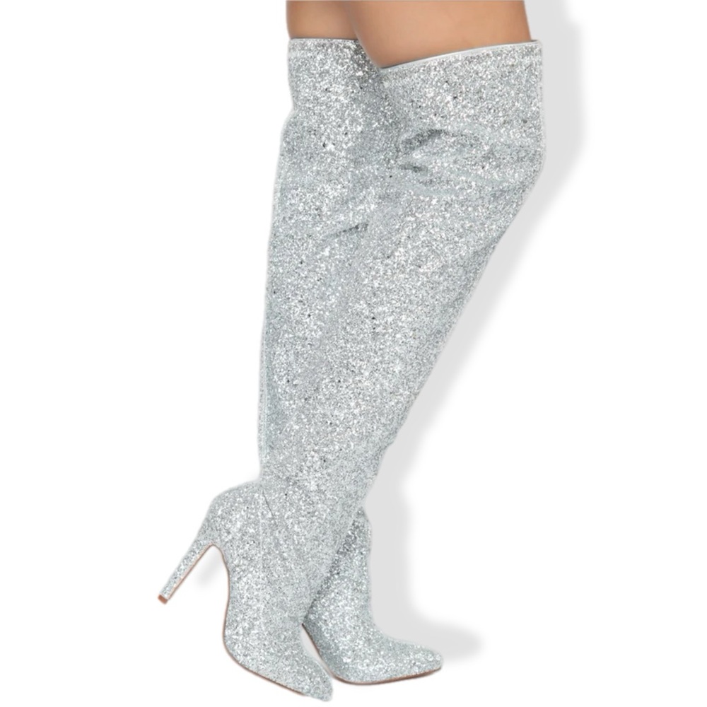 Silver Sparkly Glitter Over-The-Knee Pointed Toe Stiletto Heel Boots Women’s 6.5